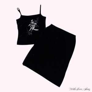 90s vintage navy blue velvet two piece tank and midi skirt set